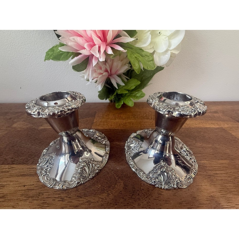 Vintage Godinger‎ Silverplate Baroque Candlestick Holders Pair Ornate Gothic